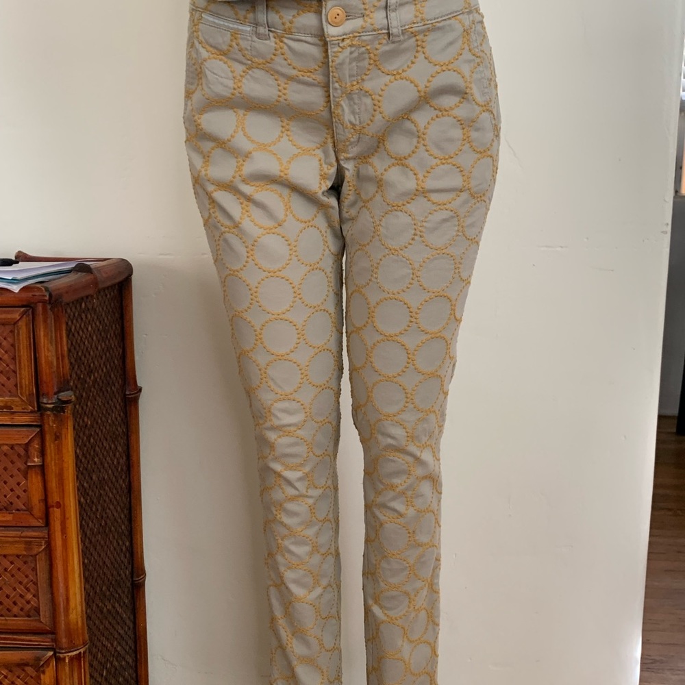 Anthropologie khaki pants with yellow embroidery cropped size 28